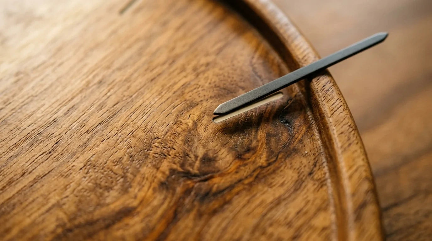 Gros plan sur le grain naturel et le veinage du bois massif d'une horloge murale authentique