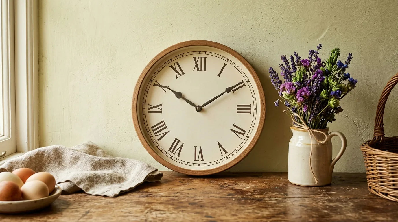 Détail d'une horloge en bois patiné avec fleurs séchées et lin dans une ambiance campagne douce