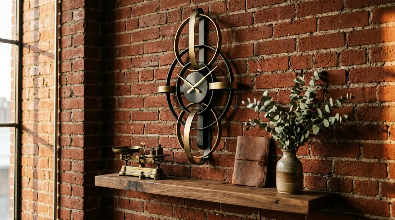 Horloge Bruxelles métal Noir et Or sur mur brique apparente loft style industriel