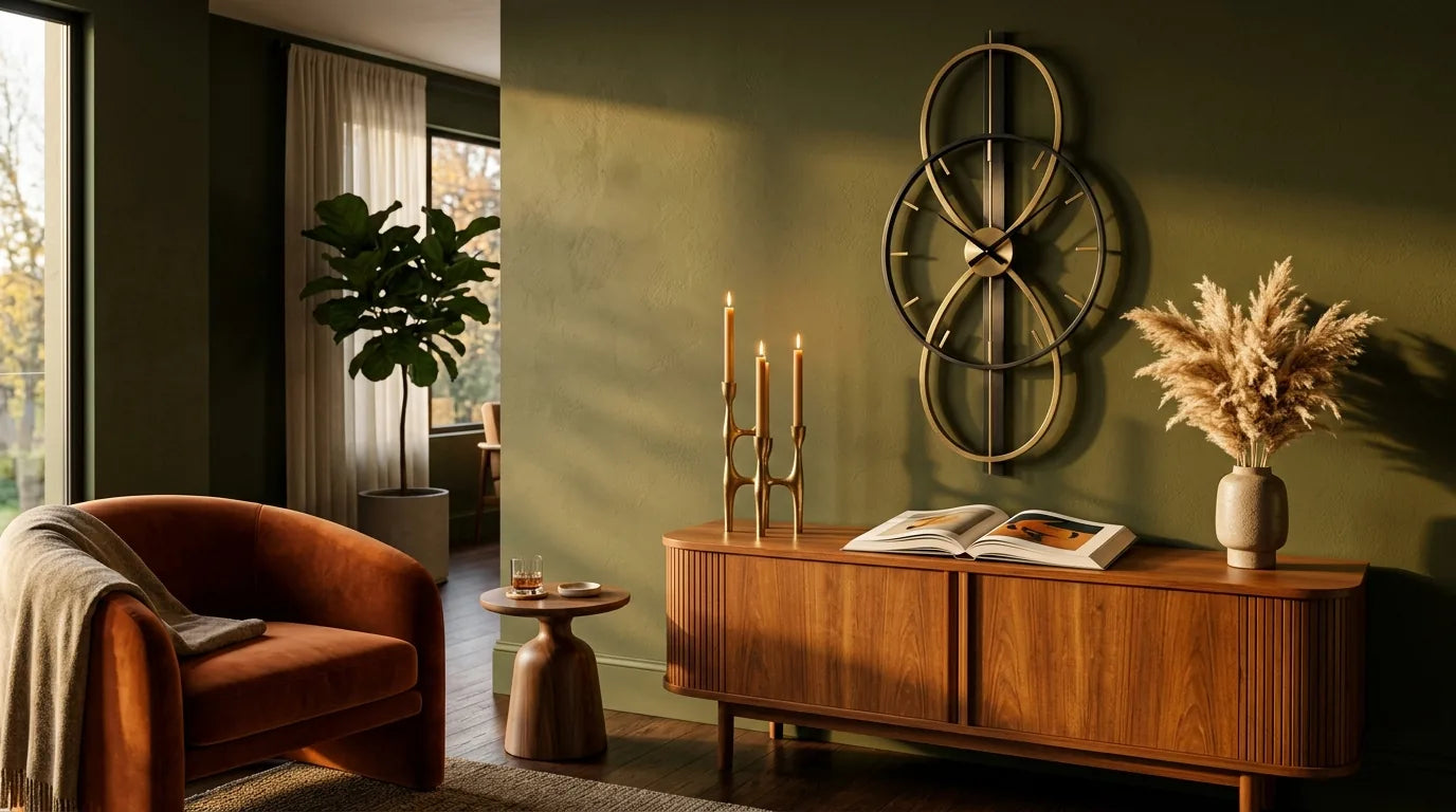 Horloge Bruxelles laiton statement sur mur vert olive style mid-century modern