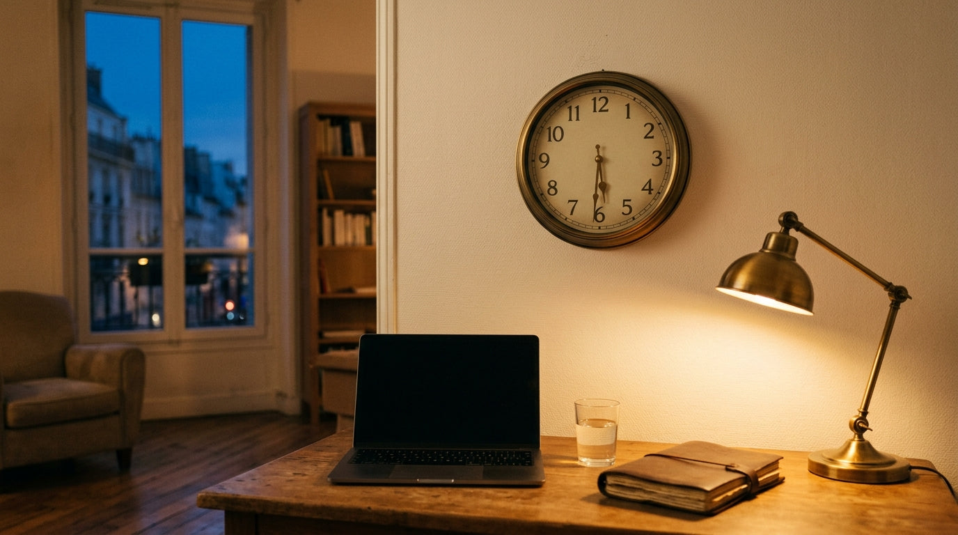 Bureau à domicile en fin de journée avec horloge murale silencieuse
