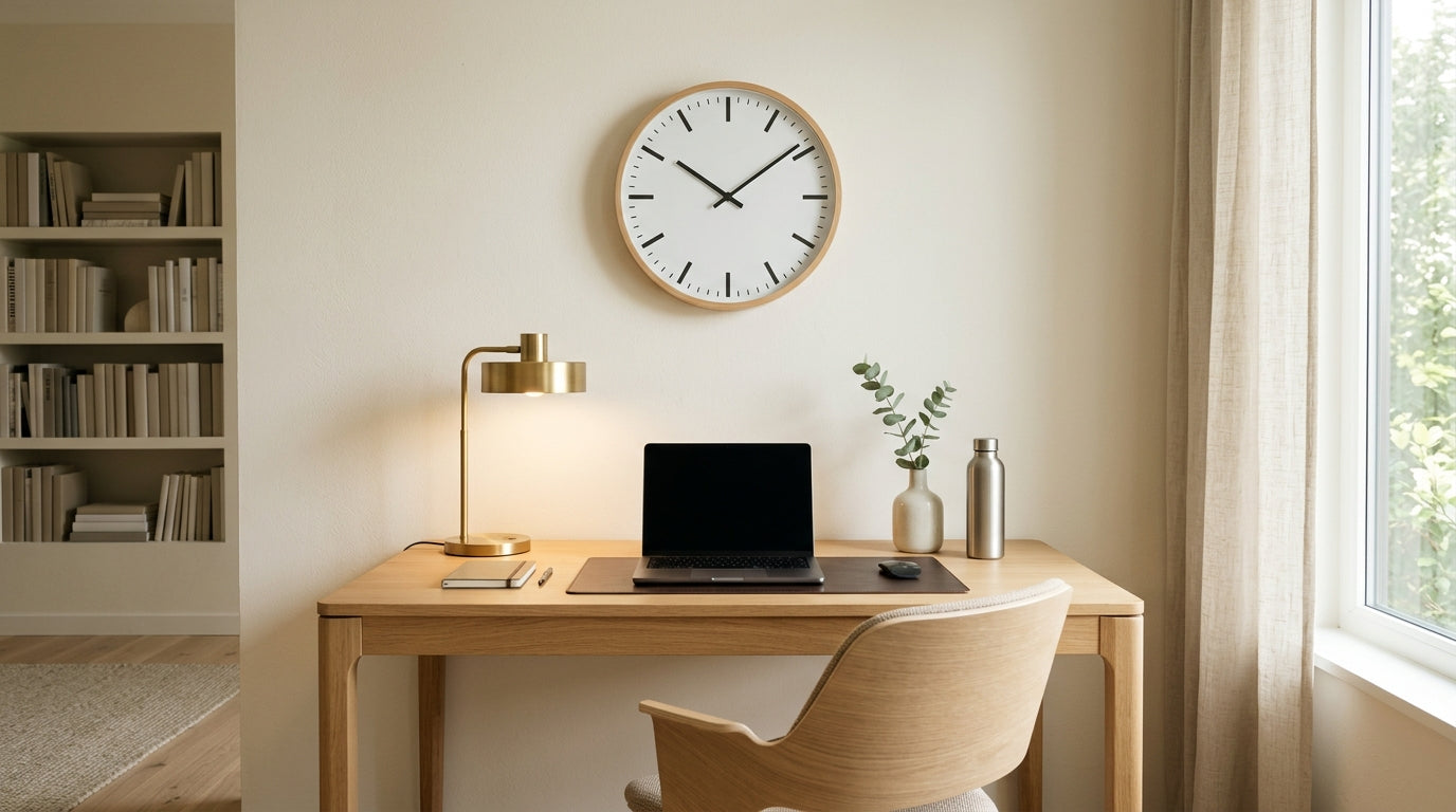 Horloge murale silencieuse au-dessus d'un bureau scandinave avec ordinateur portable et plante verte
