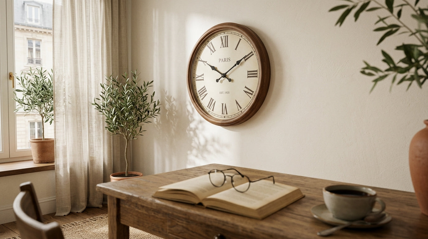 Bureau à domicile zen avec horloge murale silencieuse et ambiance concentration