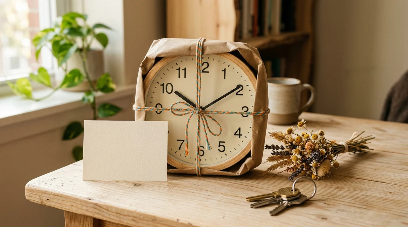 Horloge murale emballée en cadeau de crémaillère pour étudiant avec papier kraft et petit mot