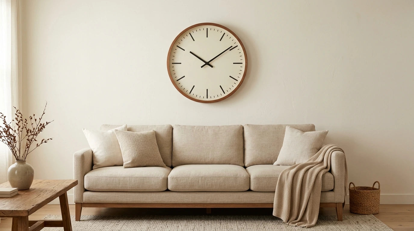 Horloge au-dessus d'un canapé illustrant la règle de proportion des deux tiers et le centrage