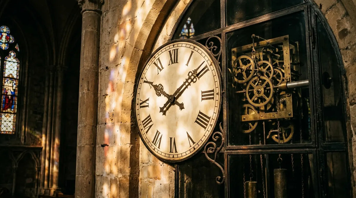 Horloge médiévale de cathédrale du XIIIe siècle avec mécanisme apparent et cadran ornemental