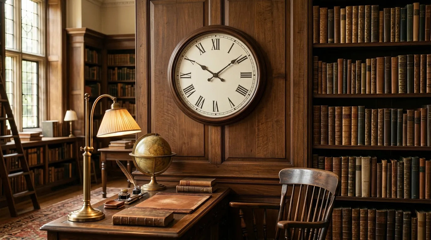 Horloge classique 12h dans une bibliothèque avec livres anciens et histoire
