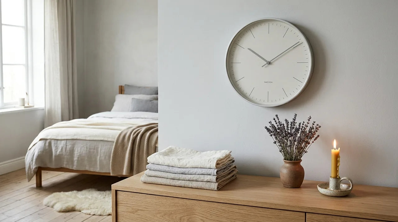 Horloge Copenhagen Gris Perle dans une chambre aux tons doux lin naturel hygge