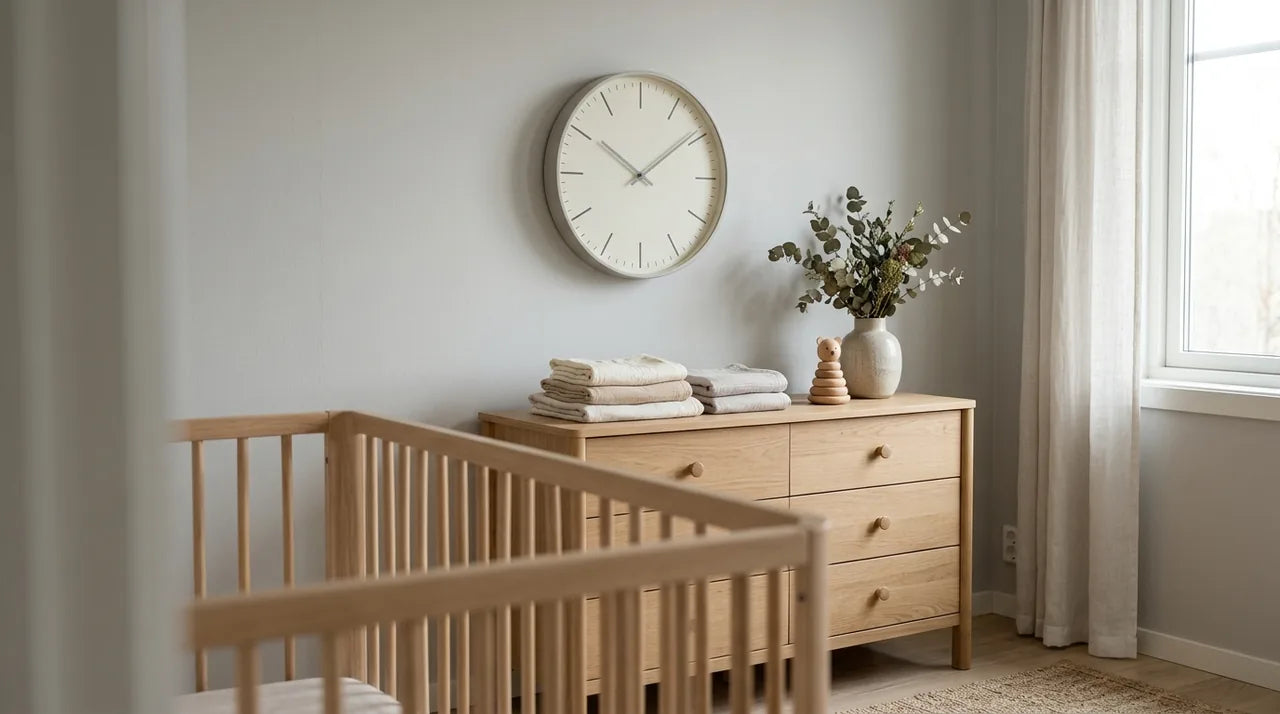 Horloge Copenhagen Gris Perle dans une nursery aux tons neutres pour cadeau de naissance