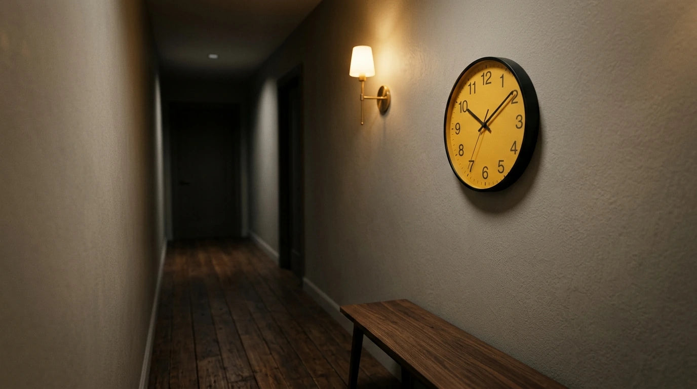 Horloge à cadran coloré qui réveille un couloir sombre et étroit sans fenêtre