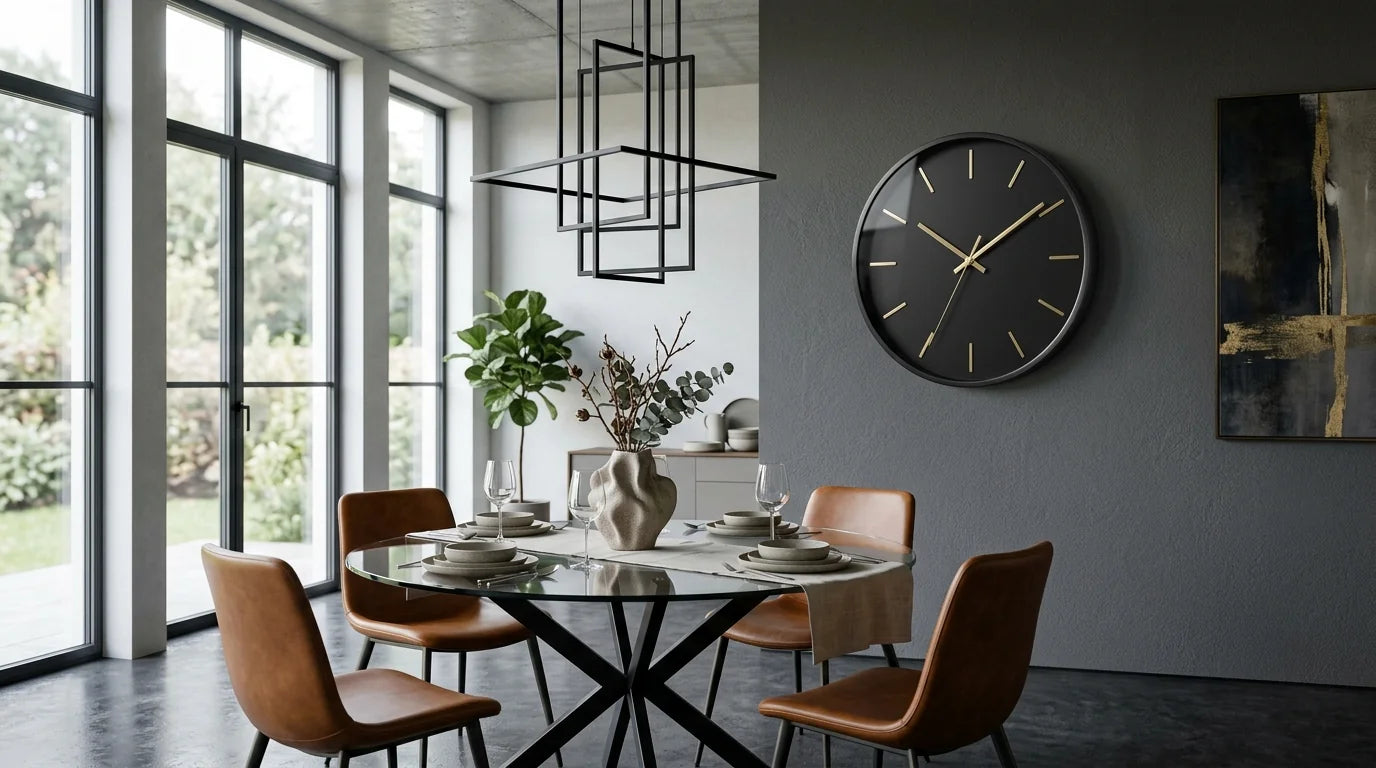 Horloge murale design noir mat dans une salle à manger contemporaine avec table en verre