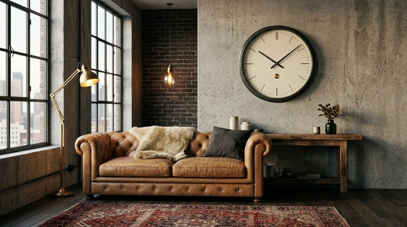 Horloge Edward Anthracite dans un salon industriel équilibré cuir bois et touches chaleureuses