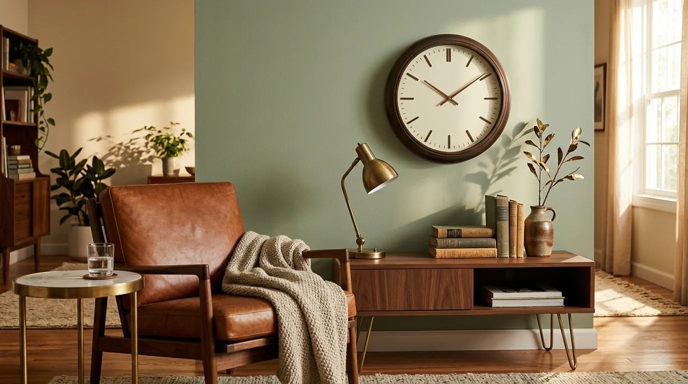 Horloge Edward Bronze patiné dans un salon mid-century cuir cognac et touches laiton