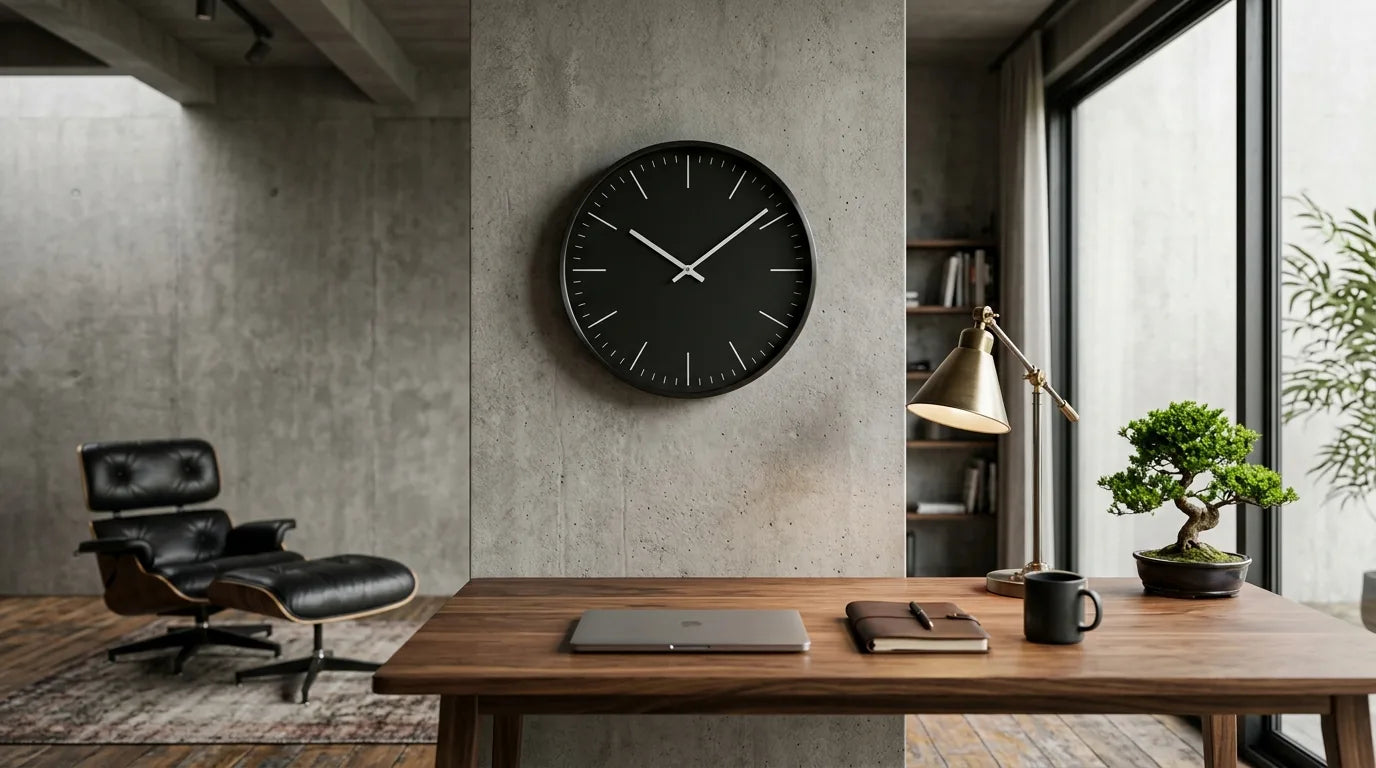 Horloge Kyoto noir mat dans un bureau créatif au béton sobre style industriel japandi doux
