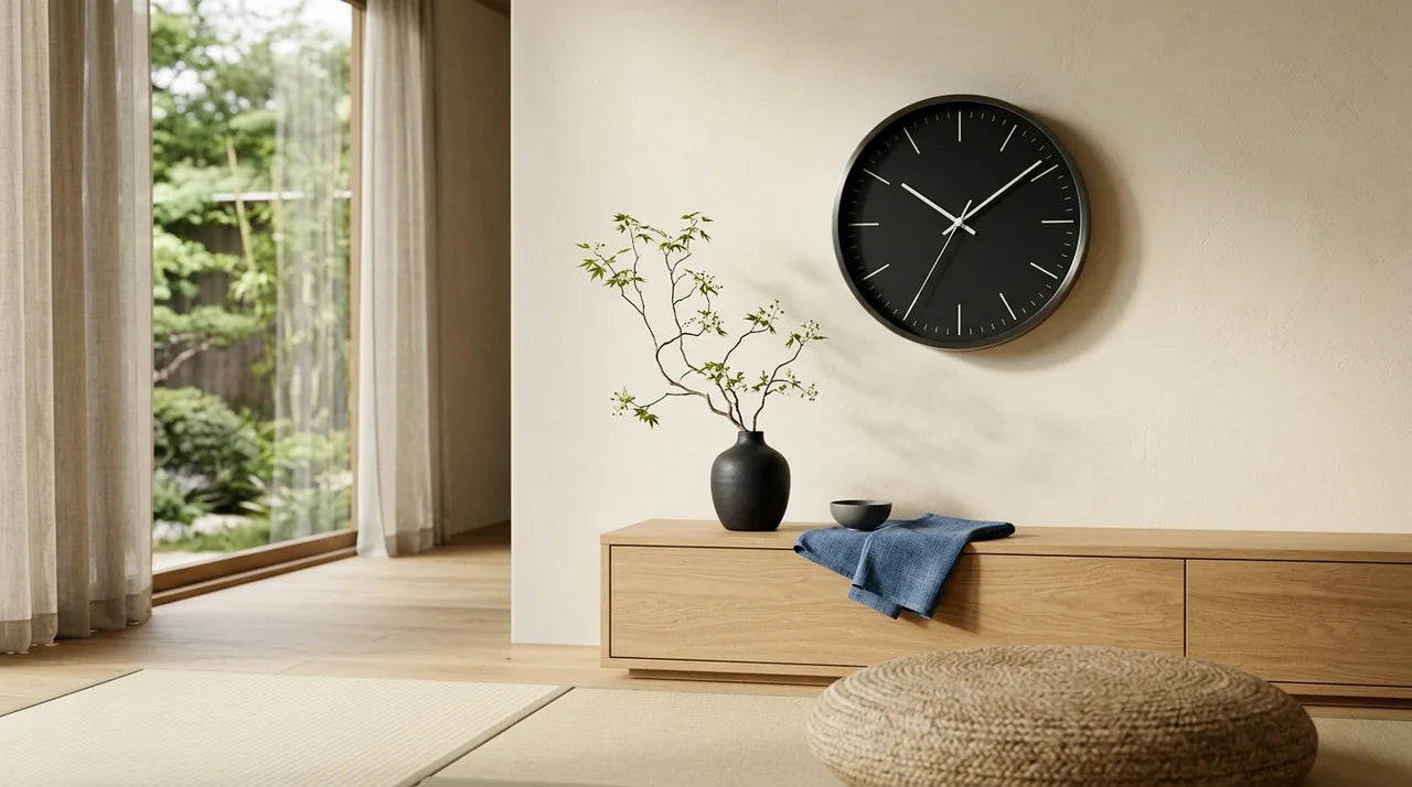 Horloge Kyoto noir mat dans un intérieur japandi scandinavo-japonais zen et épuré