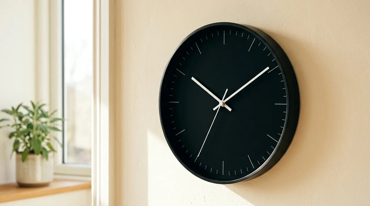Horloge Kyoto au cadran noir mat sans reflet dans une véranda baignée de soleil