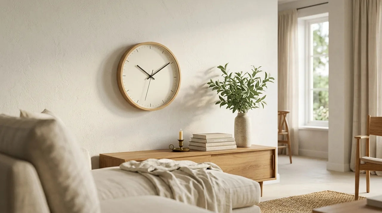 Horloge murale légère qui s'efface dans une déco d'été aux tons crémeux et sobres