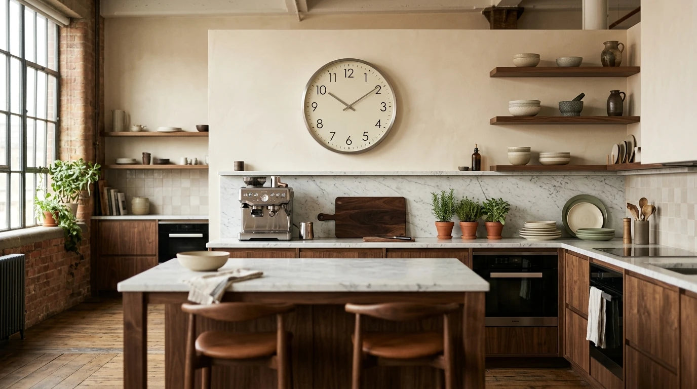 Grande horloge murale sur le mur du fond d'une cuisine ouverte dans un loft