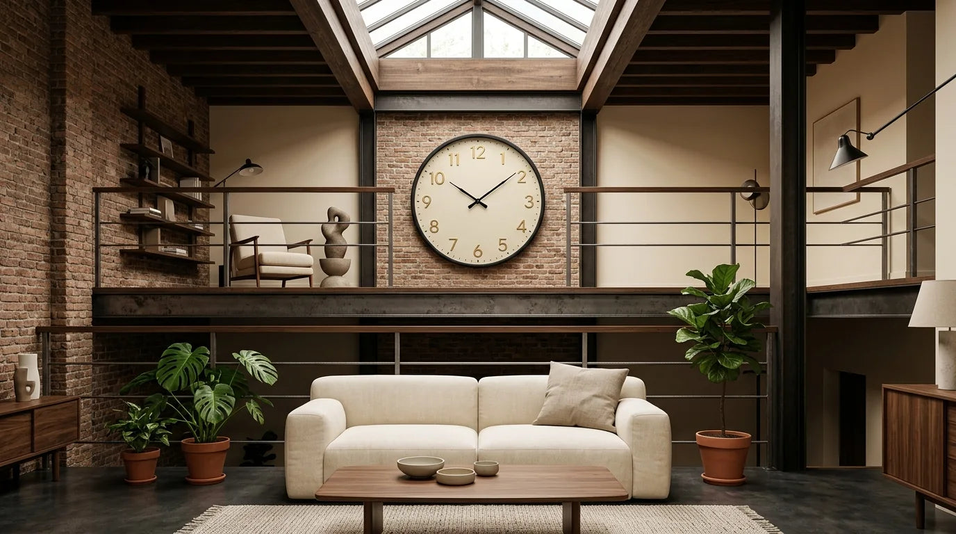 Horloge murale visible depuis le bas en mezzanine dans un loft à haute plafond