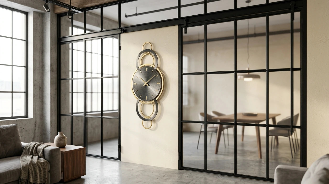 Horloge murale métal sur une verrière intérieure dans un loft contemporain