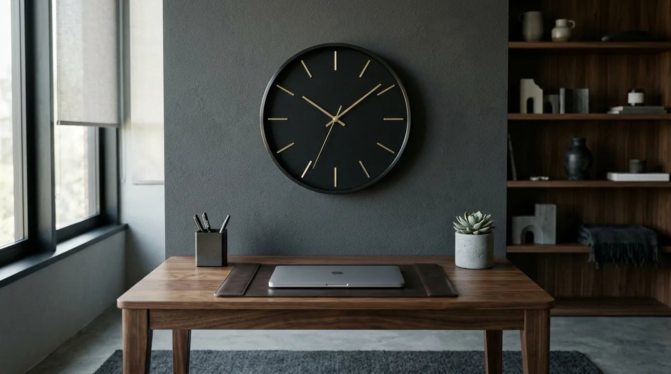 Horloge murale Manchester moderne noir mat dans un bureau de papa contemporain
