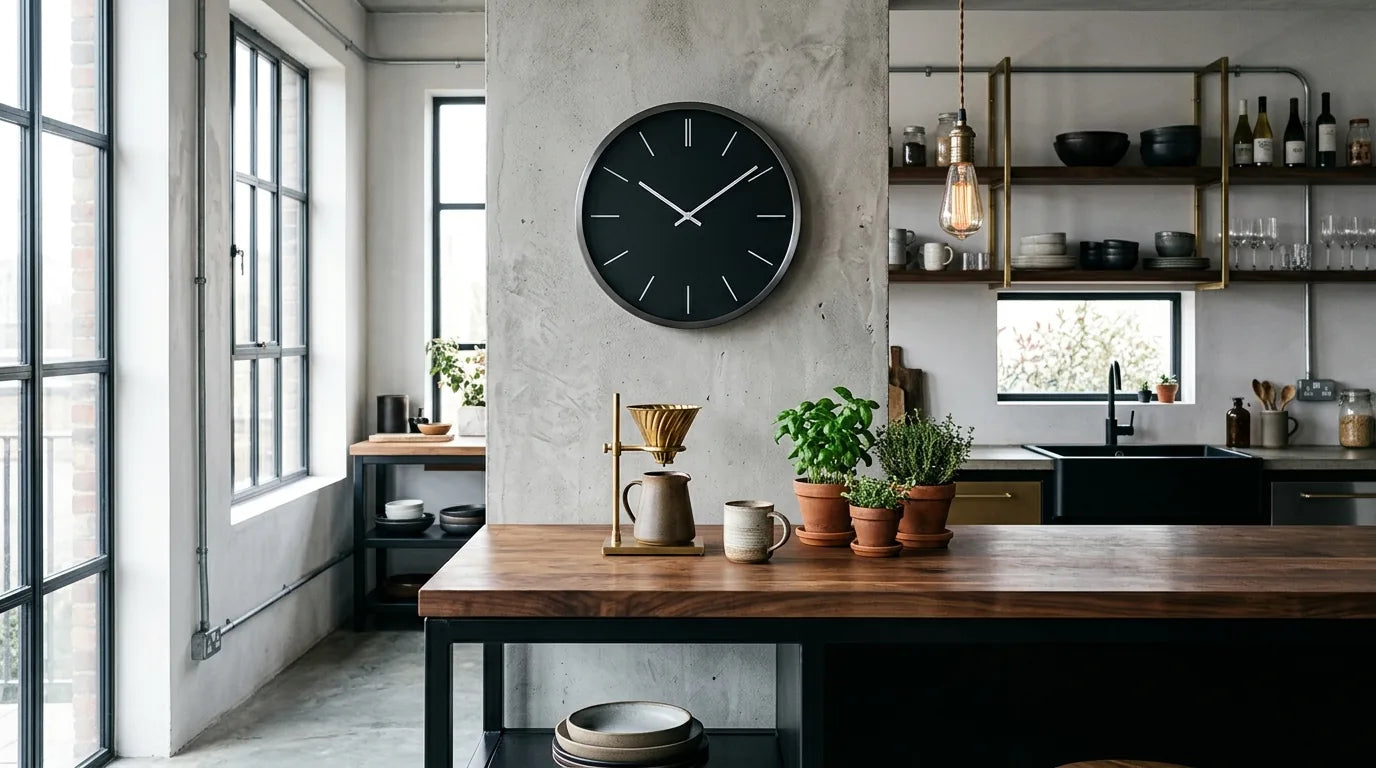 Horloge Manchester Noir Mat dans une cuisine au béton ciré style industriel îlot moderne