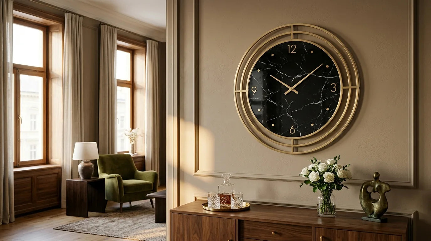 Horloge Manhattan 45 cm Noir et Or dans un salon haut de gamme comme statement central pivot