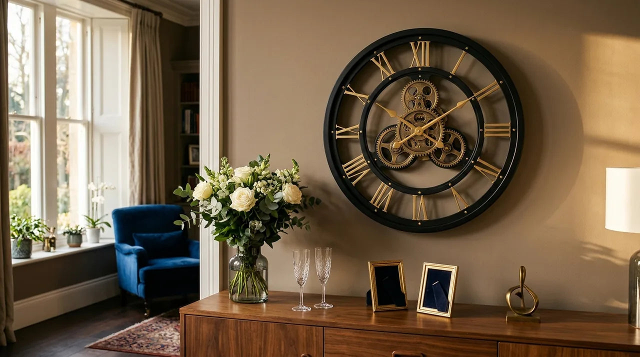 Grande horloge Manhattan dans le salon d'un couple ayant 30 ans ou plus de mariage