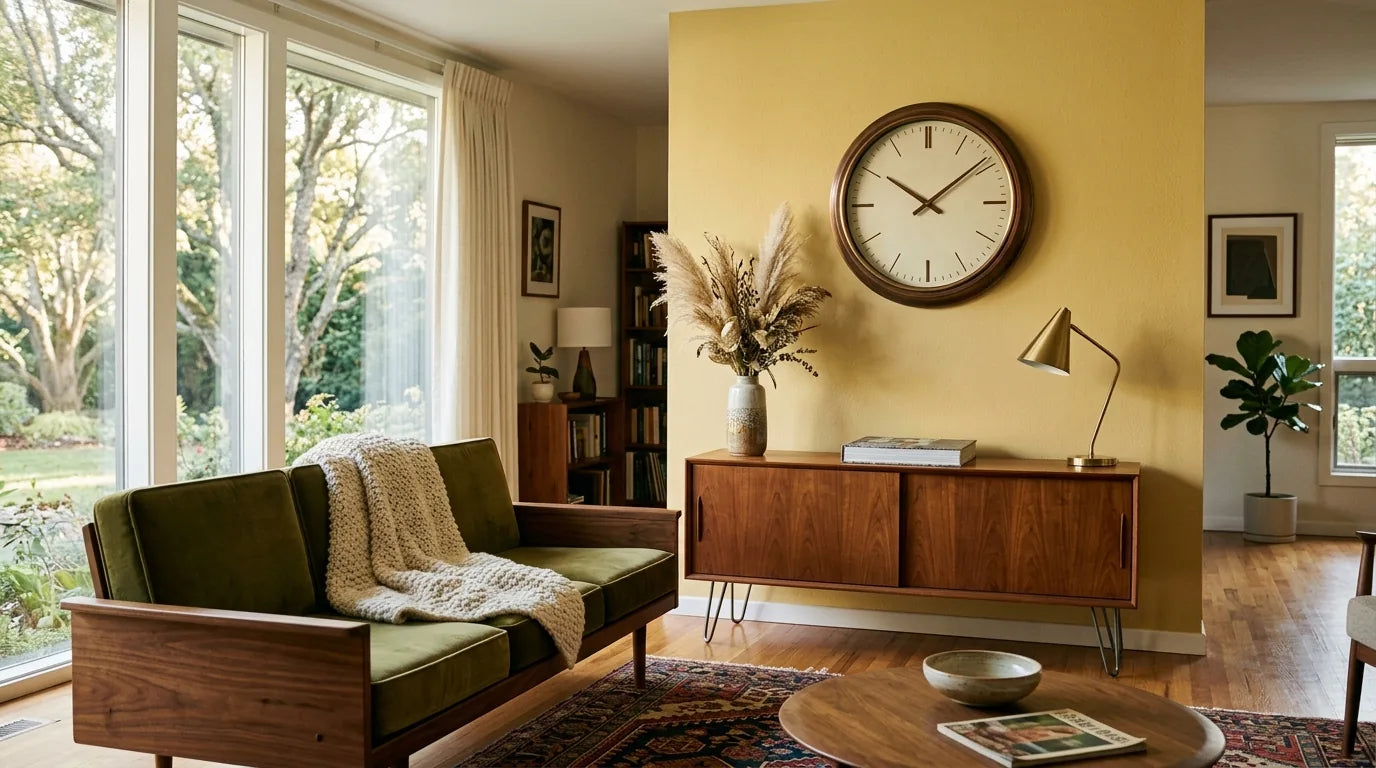 Horloge murale dans un salon mid-century modern aux tons moutarde velours teck années 60