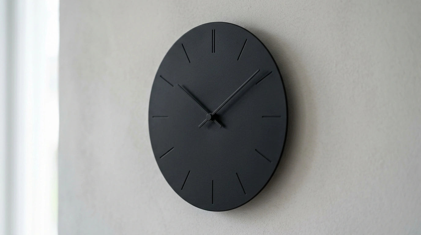 Détail d'une horloge minimaliste à la forme pure monochrome et au cadran épuré sans ornement