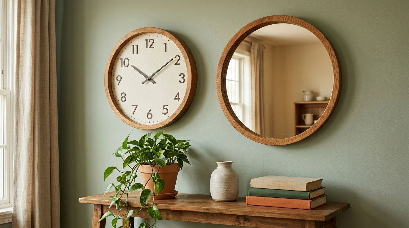 Horloge et miroir à cadres bois accordés formant un duo harmonieux sur un mur chaleureux