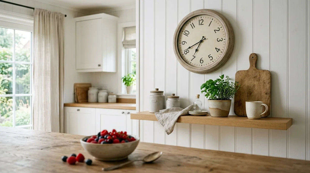 Horloge Montmartre bois patiné dans une cuisine scandinave chaleureuse