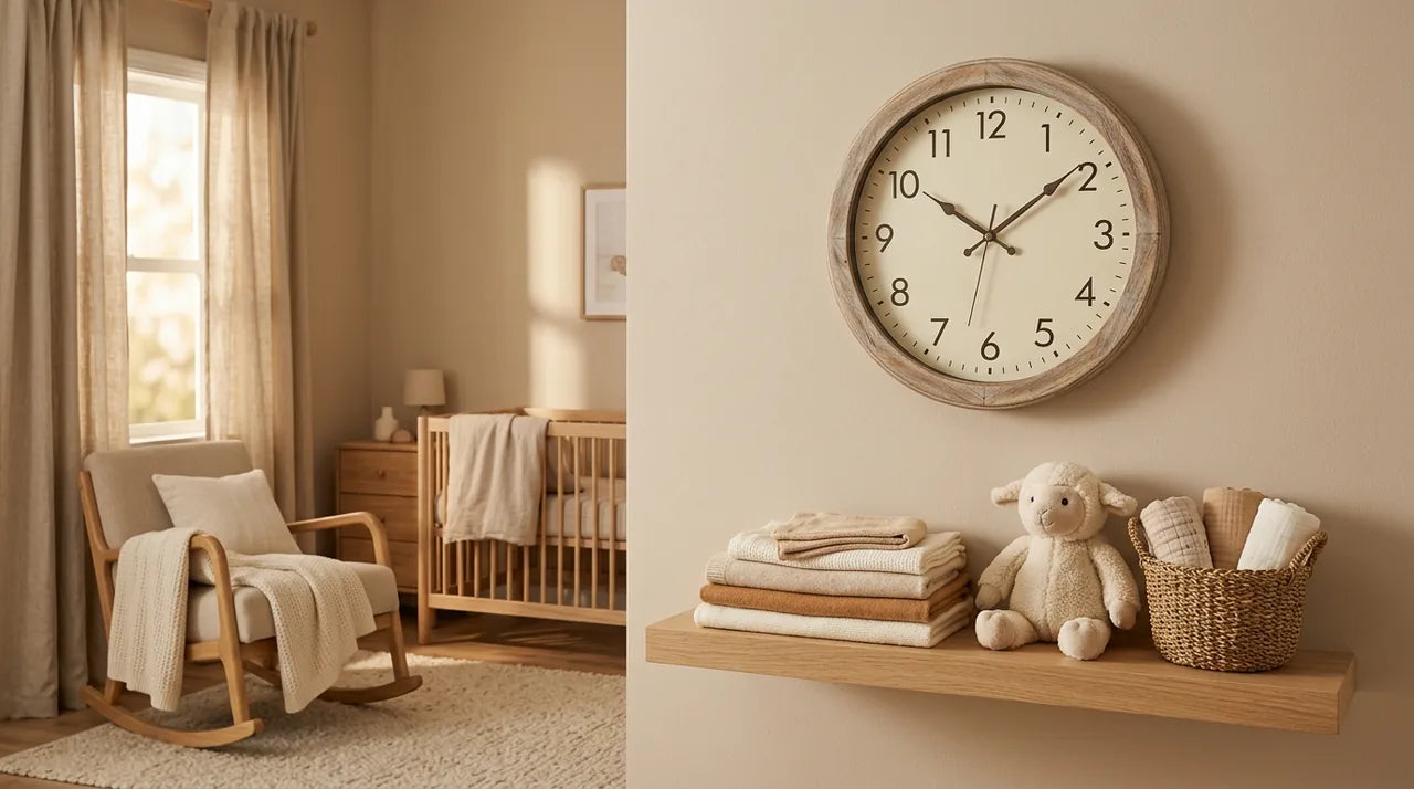 Horloge Montmartre bois clair dans une chambre de bébé cosy aux tons chaleureux