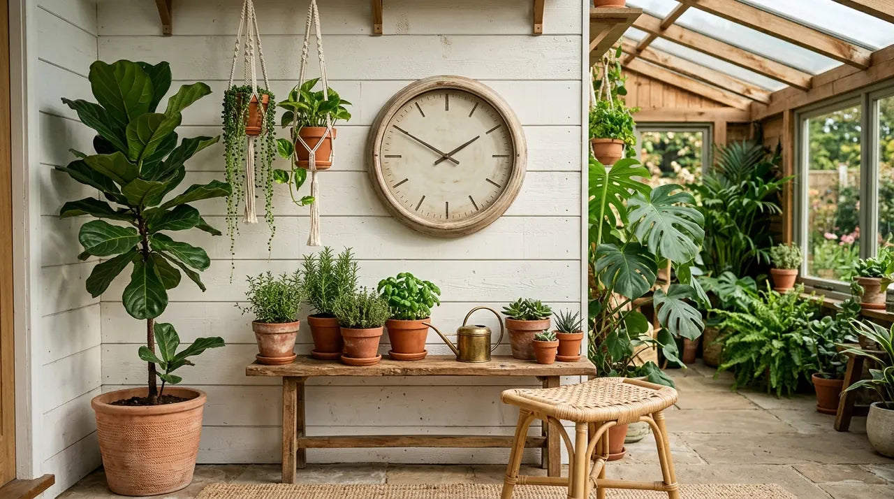 Horloge Montmartre bois clair dans une véranda avec plantes vertes apportant chaleur naturelle