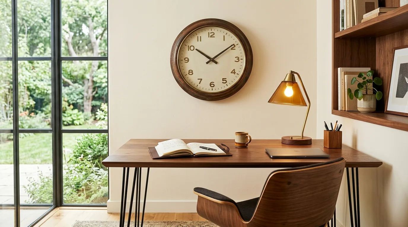 Horloge Montmartre dans un bureau mid-century avec chaise type Eames bois teck