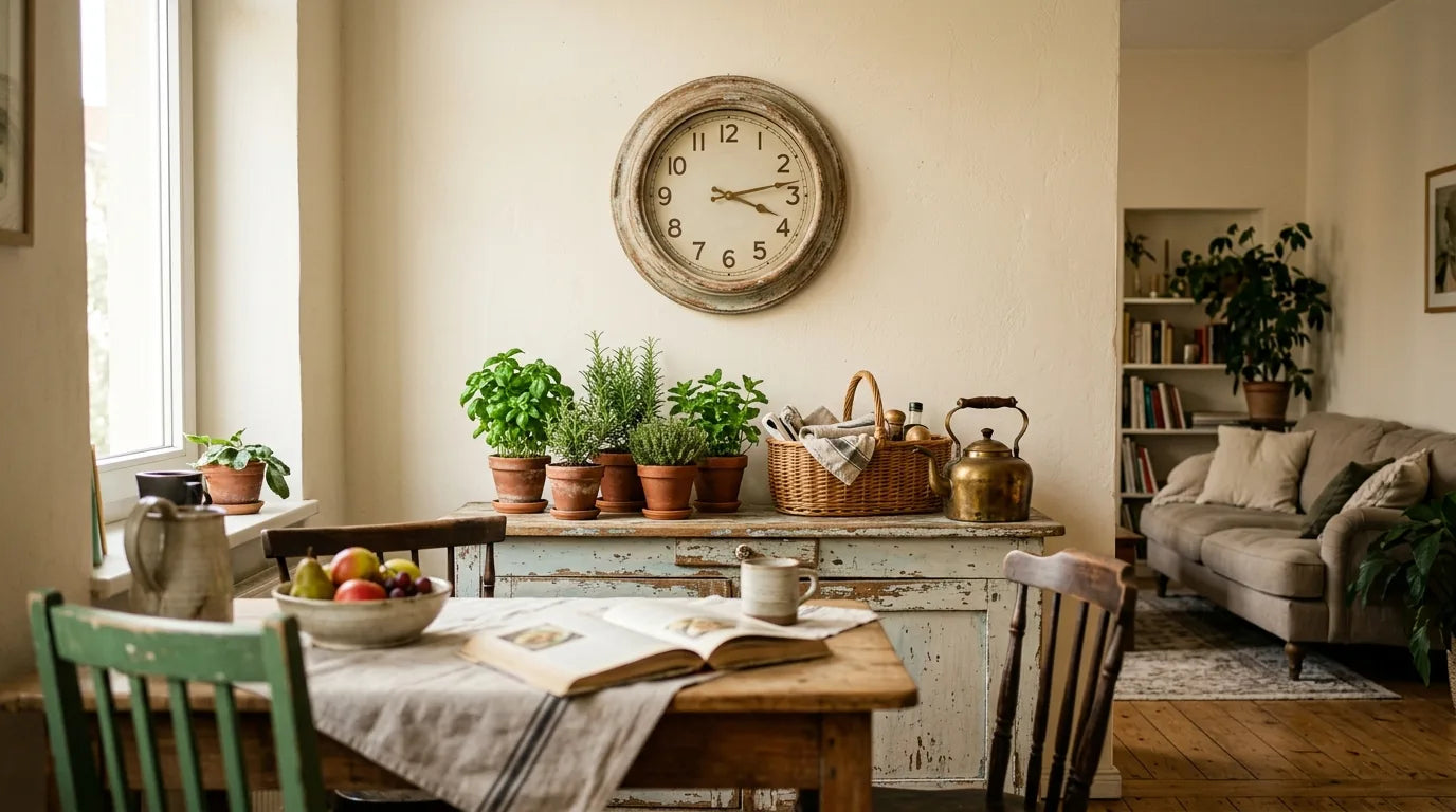 Horloge Montmartre bois patiné dans une première coloc chaleureuse déco vintage récup