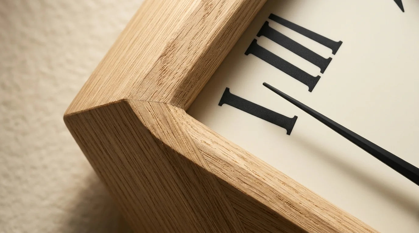 Détails macro des finitions d'une horloge murale à 29 euros qualité supérieure pas low-cost