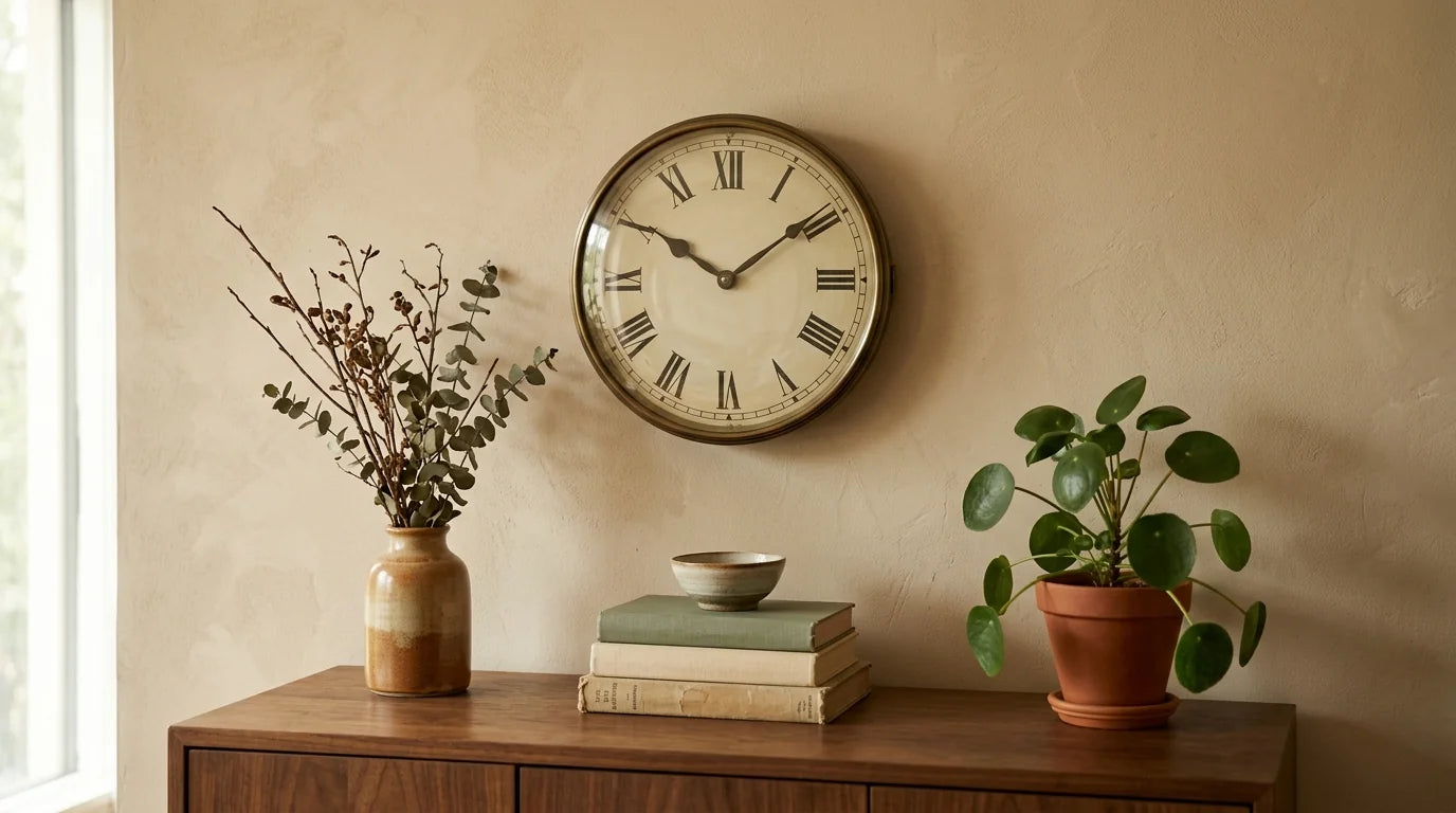 Horloge murale arrêtée avec aiguilles bloquées sur un mur de salon clair