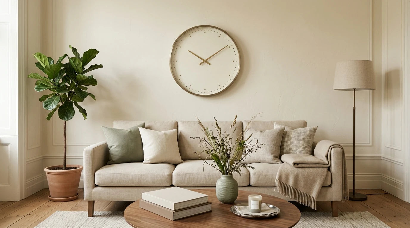 Horloge murale bien centrée au-dessus d'un canapé avec des proportions équilibrées dans un salon lumineux