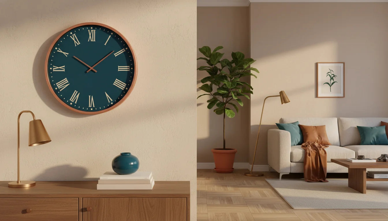 Salon avec horloge murale bleu canard couleur affirmée dans intérieur design