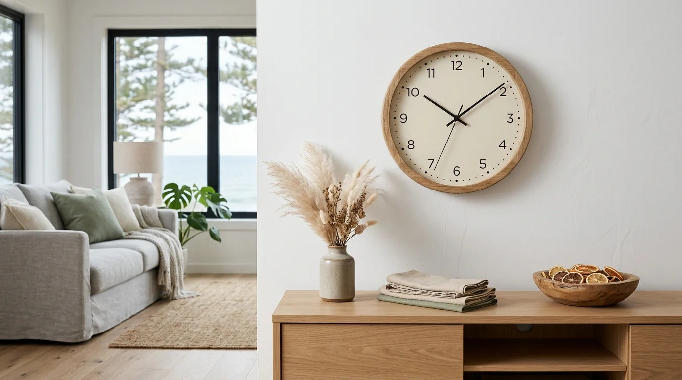 Horloge murale en bois patiné apportant chaleur sur un mur blanc épuré