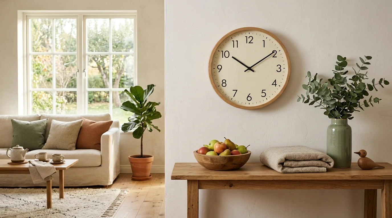 Salon scandinave avec horloge murale en bois clair naturel chaleur et biophilie