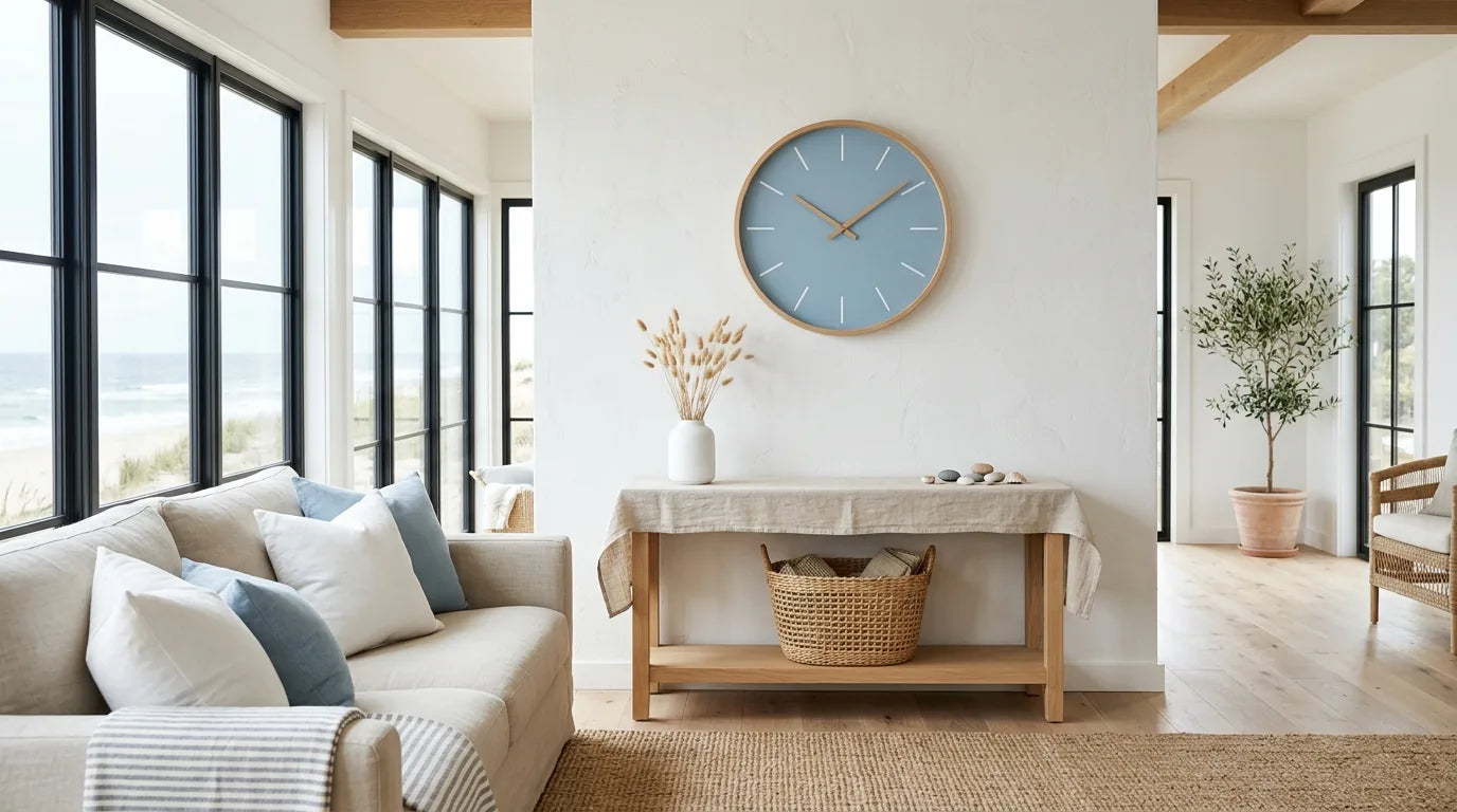 Horloge murale bleue style bord de mer dans un salon clair et lumineux estival