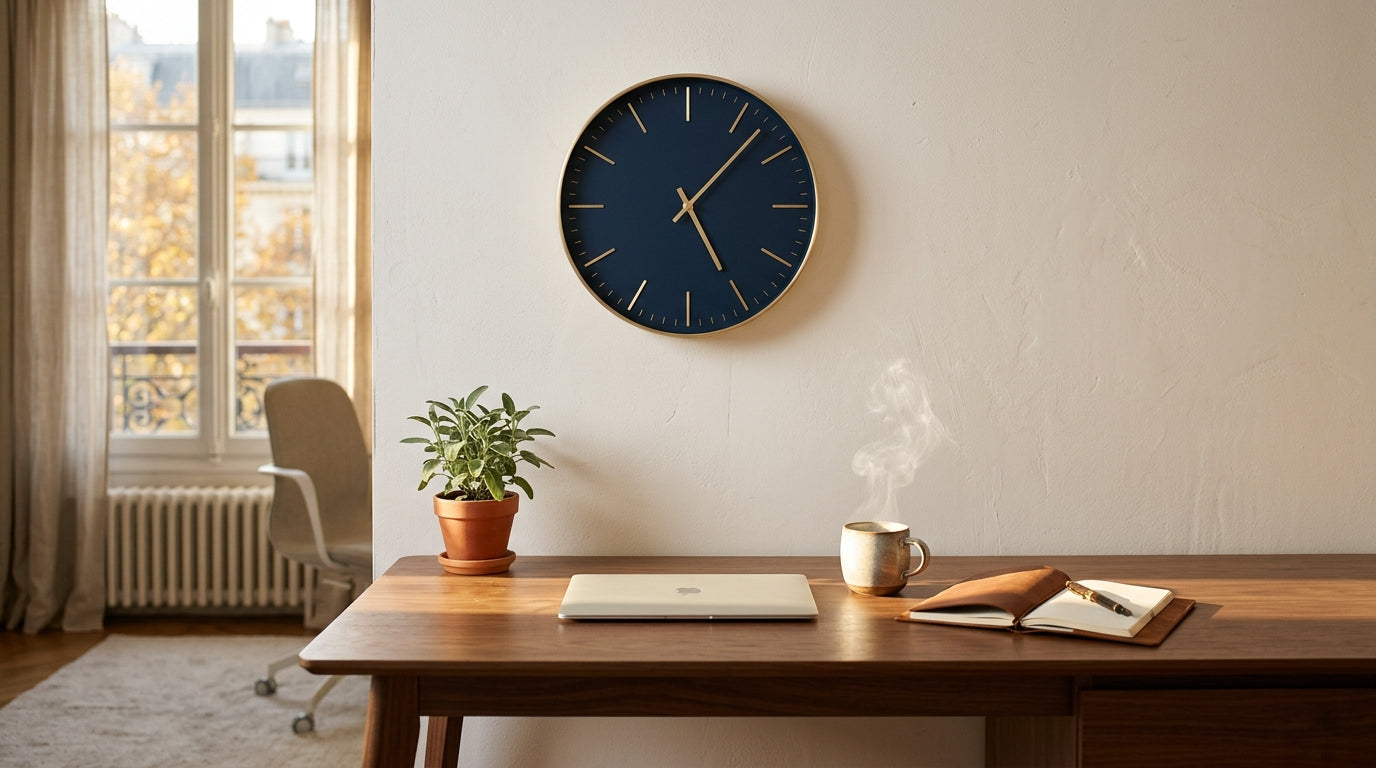 Horloge murale silencieuse au-dessus d'un bureau moderne avec ordinateur et plante verte