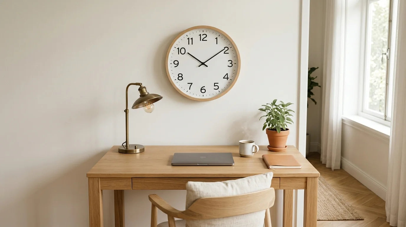Horloge murale au cadran arabe lisible dans un bureau scandinave épuré