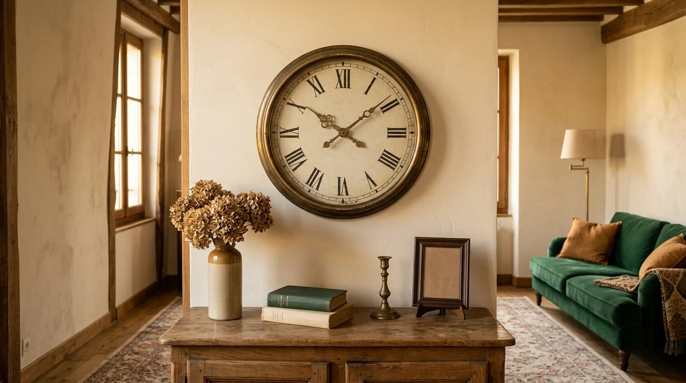 Horloge murale au cadran romain dans un salon vintage chaleureux