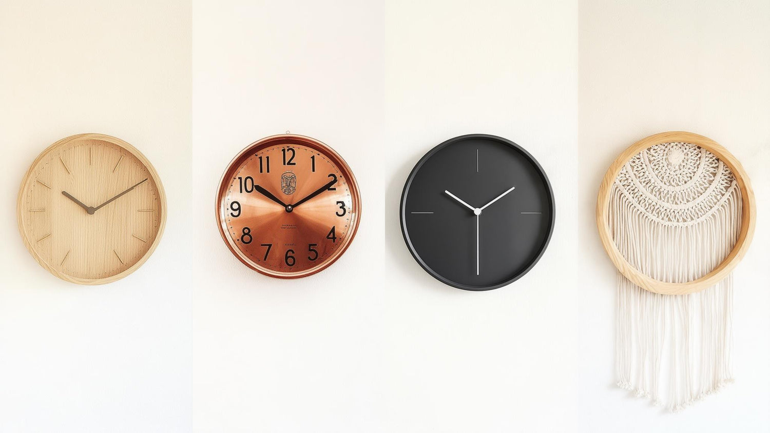 Horloge murale chambre quatre styles alignés scandinave vintage minimaliste japandi sur mur clair