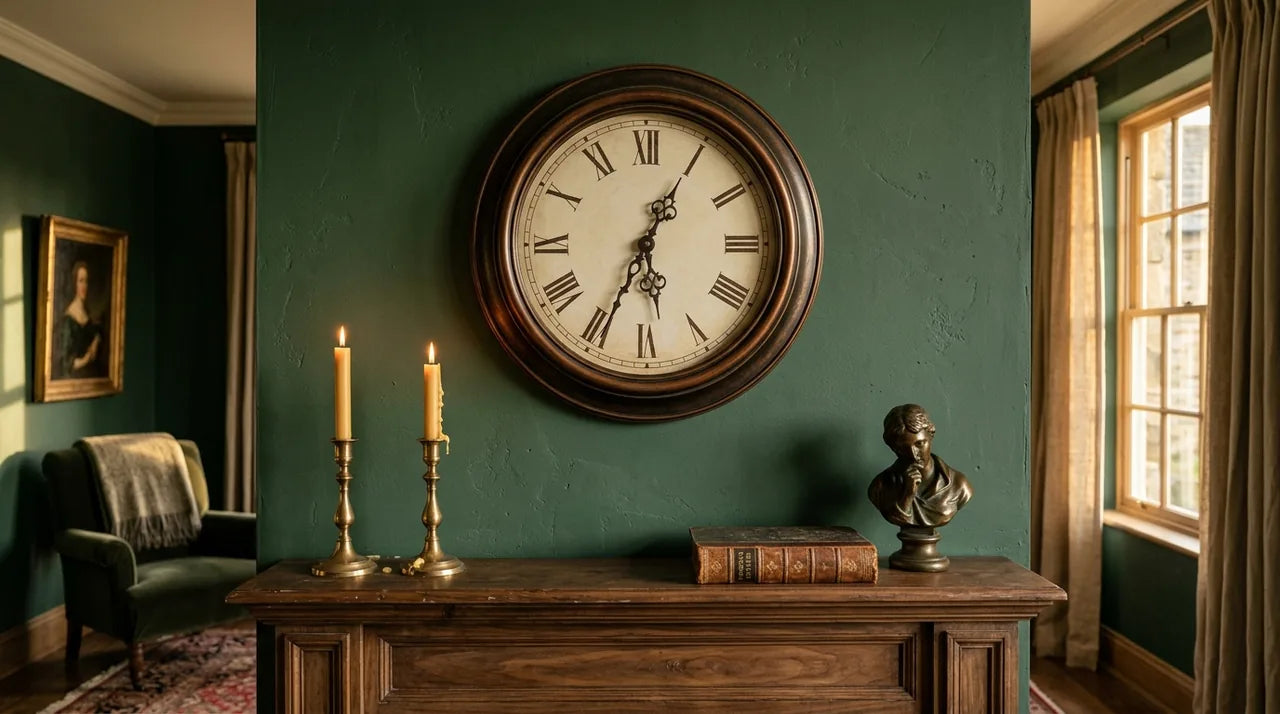 Horloge murale à chiffres romains dans un salon évoquant l'héritage des horloges monumentales