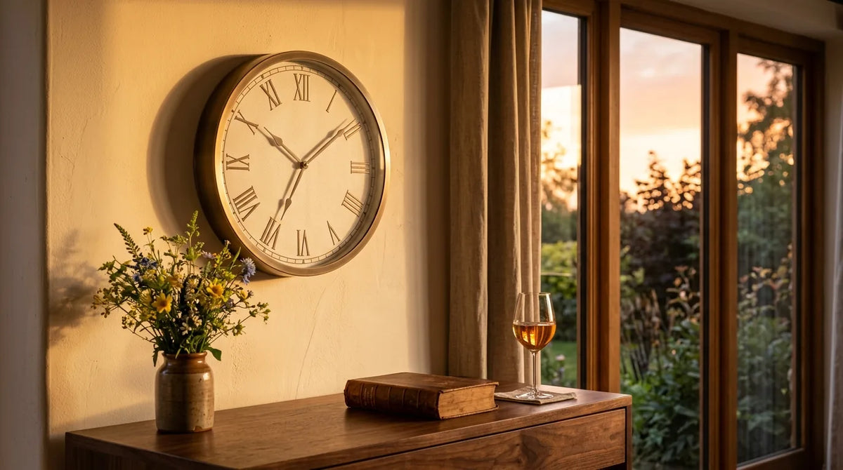 Horloge murale et fenêtre au coucher de soleil du solstice héritière des cadrans solaires