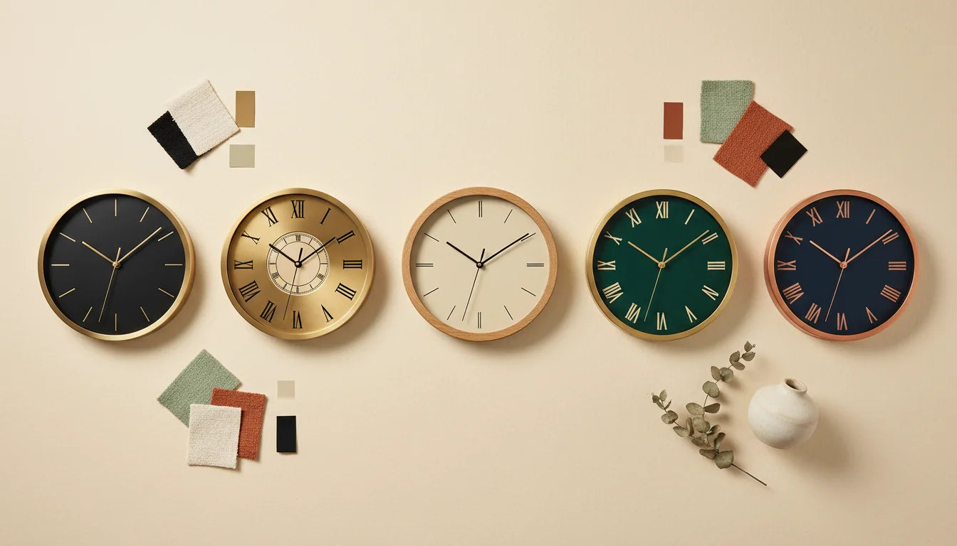 Mood board 5 couleurs d'horloges murales noir or bois vert et bleu sur fond beige